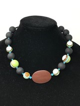 20&quot; Round Beads Eclectic Necklace Black White Green Blue Handmade - £39.39 GBP