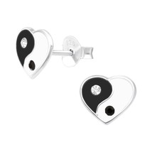 Yin-Yang Heart 925 Silver Stud Earrings with Crystal - £10.95 GBP