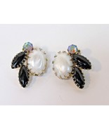 Vintage Pair AB Black Rhinestone &amp; Faux Pearl Cabochon 1.25&quot; Clip-on Ear... - £15.72 GBP