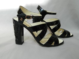 Chanel Black Patent Strappy Sandals Camellia Chunky Heel Black 40 CC Logo - $589.05