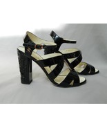 Chanel Black Patent Strappy Sandals Camellia Chunky Heel Black 40 CC Logo - $589.05