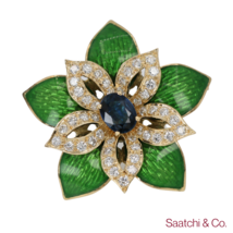 18K (750) Yellow Gold Green Enamel Sapphire Diamond Pin / Brooch - $2,425.50