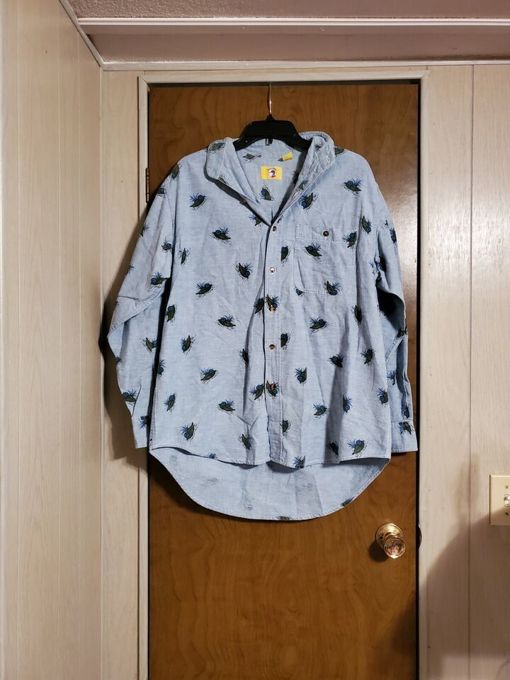 Large Vintage Duck Head All Over Duck Print Button Down Denim Shirt - $26.17