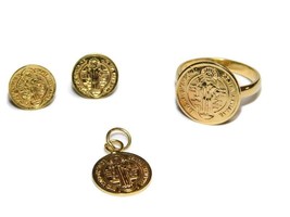 14k Yellow Gold Medium ST. Benedict 3pc Medallion Set (Earrings, Charm, ... - £467.62 GBP