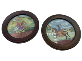 Vintage Cross Stitch Framed Royal Prince Princess German Round Horses Art - £21.89 GBP