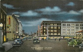 Linen Postcard WY H374 Capitol Avenue Cheyenne Night Shot Neon Signs Old Cars - $6.93