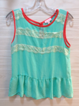 sheer green coral trim lace top sleeveless tank blouse Womens M Medium - $12.46