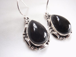 Black Onyx Teardrop 925 Sterling Silver Dangle Earrings with Rope Style Accents - $19.79