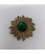 Vintage Signed Jeanne GREEN FACETED CENTER STONE Brooch Gold-Tone - £37.22 GBP
