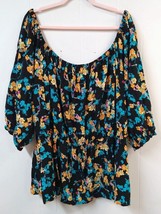 Lane Bryant WM Plus 26/28 Blouse Black Scoop Neck Floral Short Sleeve Drawstring - £22.58 GBP