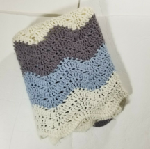 52&quot; Crochet Afghan Handmade Blanket Blue Gray White Chevron Striped DAMAGE - £5.45 GBP