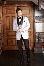 White Shawl Tuxedo Jacket with Black Satin Lapel Slim Fit - £197.22 GBP