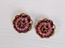 Vintage clip on earrings gold tone pink red rhinestones floral shape sig... - £19.38 GBP