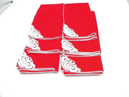 Red Linen Napkins Set of 6 Corner Cutwork Embroidered Flower Cotton 18x18 inch - £11.69 GBP