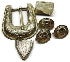 Belt Buckle Set With Three Conchos, Loop,  Tip Nice Silver Tone  - £27.58 GBP