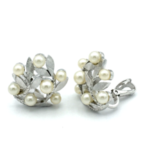 CROWN TRIFARI vintage clip-on earrings - faux pearl &amp; brushed silver-ton... - £19.69 GBP
