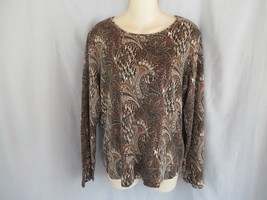 Charter Club top tee Lg 100% pima cotton brown beige paisley scoop neck long sl - $14.65