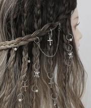 13 piece silver hair rings - skulls and crosses  - holiday or festival j... - $12.42