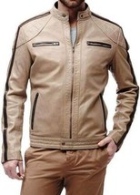 Beige Men&#39;s Jacket Genuine Soft Lambskin Leather Handmade New Biker Motorcycle - £87.12 GBP