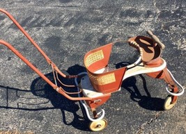 Antique White Metal Wooden Baby Stroller Walker Vintage 1950s 36&quot; x 18&quot; ... - £223.59 GBP