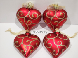 Rachel Zoe Valentine&#39;s Day Red Gold Swirt Glass Heart Ornaments Set of 4 - £23.45 GBP