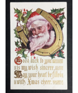 Santa Inside Horseshoe Good Luck Christmas Holly Gold Embossed Postcard ... - $9.99