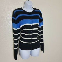 Dressbarn Blue/White/Black Striped Button Up Long-Sleeved Cardigan, Medium - £20.95 GBP