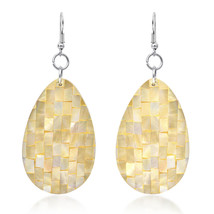 Alluring Mosaic Golden Mother of Pearl Handcrafted Teardrop Dangle Earrings - £10.16 GBP