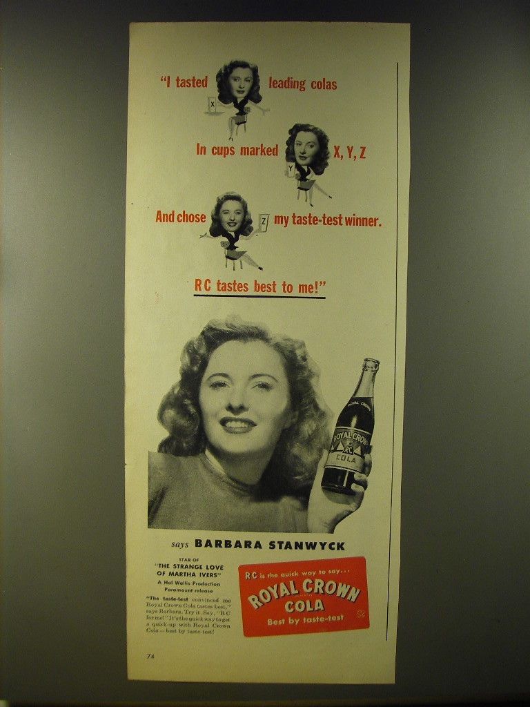 1946 Royal Crown Cola Advertisement - Barbara Stanwyck - $18.49