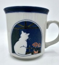Vintage Otagiri White Cat On Windowsill w/ Pink Flowers 10 Oz Coffee Mug Japan  - £11.82 GBP