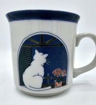 Vintage Otagiri White Cat On Windowsill w/ Pink Flowers 10 Oz Coffee Mug... - £11.86 GBP