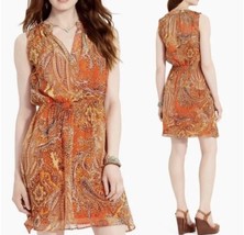 Lauren Ralph Lauren Orange Paisley Sleeveless Dress Smocked Waist Sheer ... - $28.58