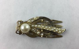 Vintage Faux Pearl Clear Rhinestone Gold Tone Hair Pin Clip 1 1/2&quot;  - £11.21 GBP