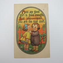 Postcard Boy &amp; Good Girl Yellow Dress Kiss By Fence Daisy Flowers Antique 1917 - £7.47 GBP