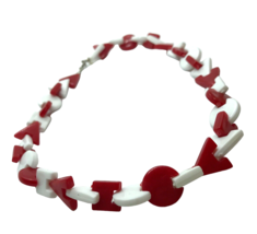 Vintage Necklace plastic Interlocking Beads Atomic geometric Retro Mod Red White - £15.56 GBP