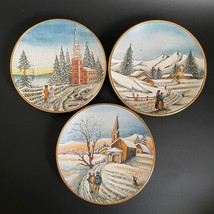Set of 3 Christmas Winter Handmade Italian Art Pottery 7½&quot; Wall Plate 1975-1977 - £83.93 GBP