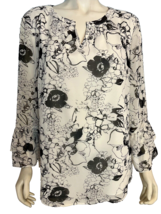 Talbots White and Black Floral Print V Neck Long Bell Sleeve Lined Top Size XL - £22.72 GBP