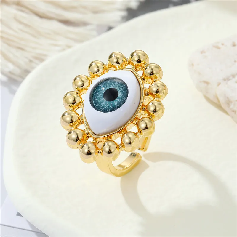 Colored Turkish Evil Eye Ring For Women New Trendy Lucky Blue Eye Metal Bead Adj - £11.05 GBP