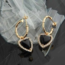 2.00 Ct Heart Cut Black Diamond Drop Dangle Hoop Earrings 14K Yellow Gold Finish - £87.76 GBP