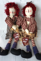 Vintage Handmade I Love Annie I Love Andy Rag Dolls Pair 23&quot; Tall Fabric Yarn - £106.67 GBP
