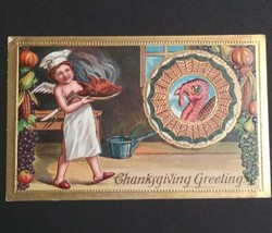 Thanksgiving Greetings Angel Serving Turkey Embossed 1909 Antique Postcard - £5.40 GBP