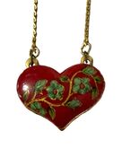 Vintage Red Heart Floral Enamel Pendant Necklace Gold Tone Chain 15” - $21.60