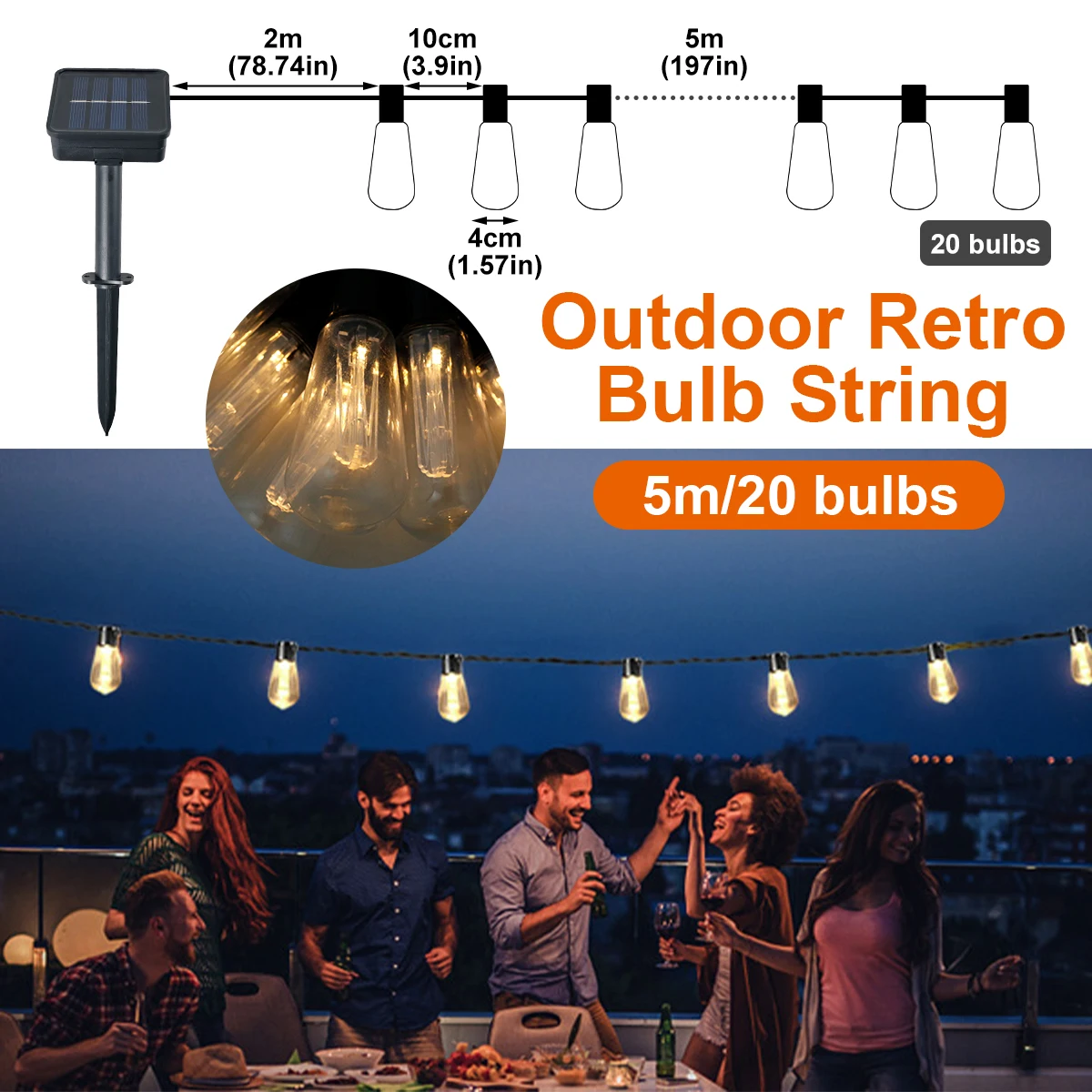 Solar String Light Outdoor Solar Fairy Light 5m 20 LEDs Globe String Light Retro - £61.75 GBP