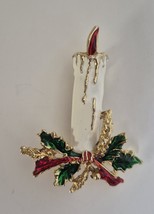 VTG Brooch Pin CHRISTMAS metal CANDLE CANDLESTICK leaf cream green red g... - $218.62 MXN