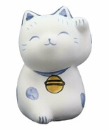 Japanese Lucky Charm Beckoning Cat White Maneki Neko With Blue Spots Fig... - $17.00 CAD