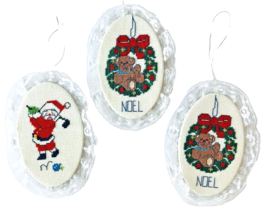 Vintage Cross Stitch Christmas Ornaments 2x Teddy Bear Wreath &amp; 1x Santa Golf 4&quot; - £15.59 GBP