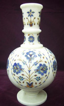 10&quot; White Marble Decorative Flower Vase Lapis Lazuli Inlay Floral Arts Gifts - £630.35 GBP