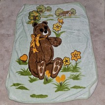 VTG Green Mink Blanket Throw Brown Bear Yellow Flowers Trees Cuamatzi 42x54 - £47.44 GBP