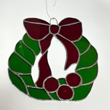 Stained Glass Christmas Wreath Sun Catcher Red Bow &amp; Berries Vintage - $276.80 MXN