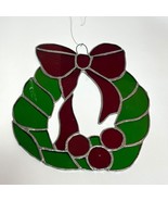 Stained Glass Christmas Wreath Sun Catcher Red Bow &amp; Berries Vintage - $276.80 MXN